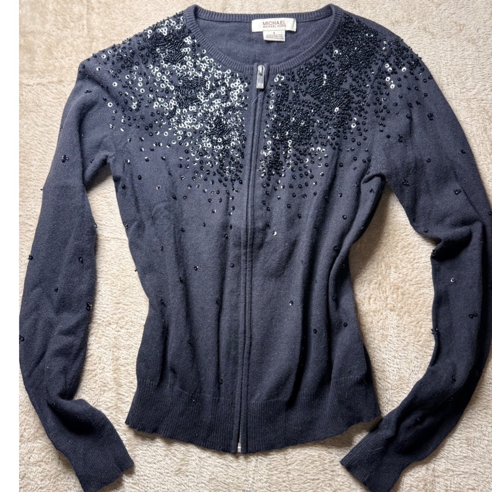 Michael Michael Kors Sequin Zip Cardigan Sweater Angora/Cashmere S Quiet Luxury‎